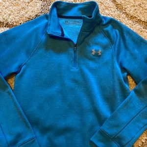 YM boys 1/3 zip sweat jacket. Heathered blue with gray logo.